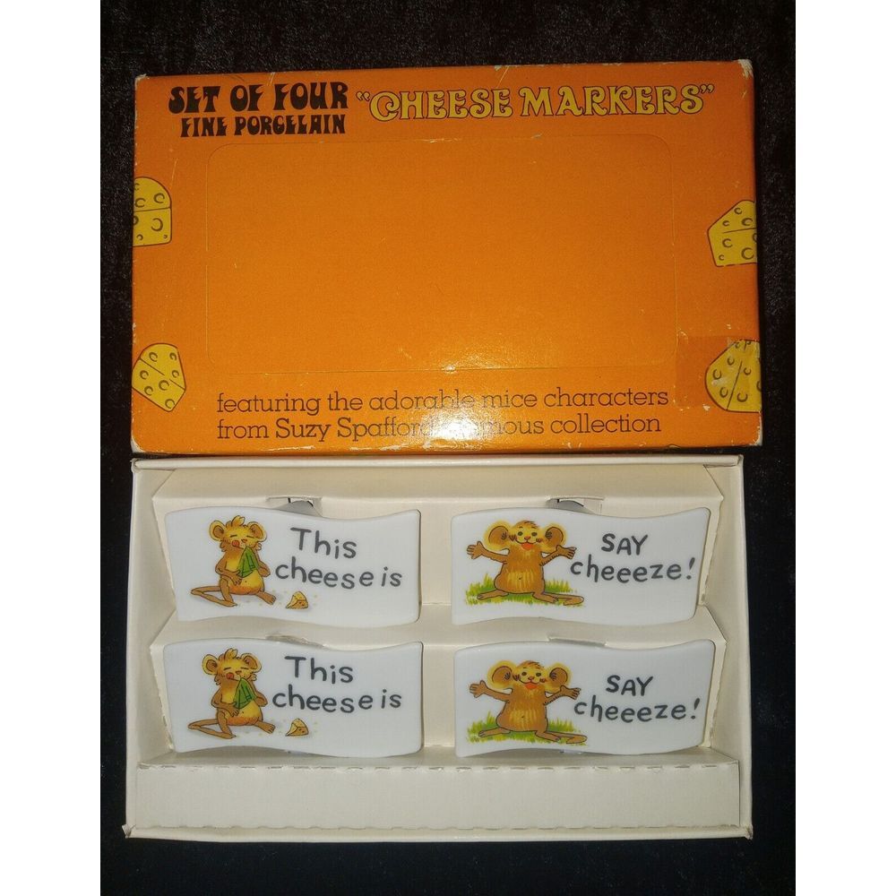 Suzy Zoo Mice Porcelain Cheese Markers Enesco Japan Set of 4 Vintage 1976